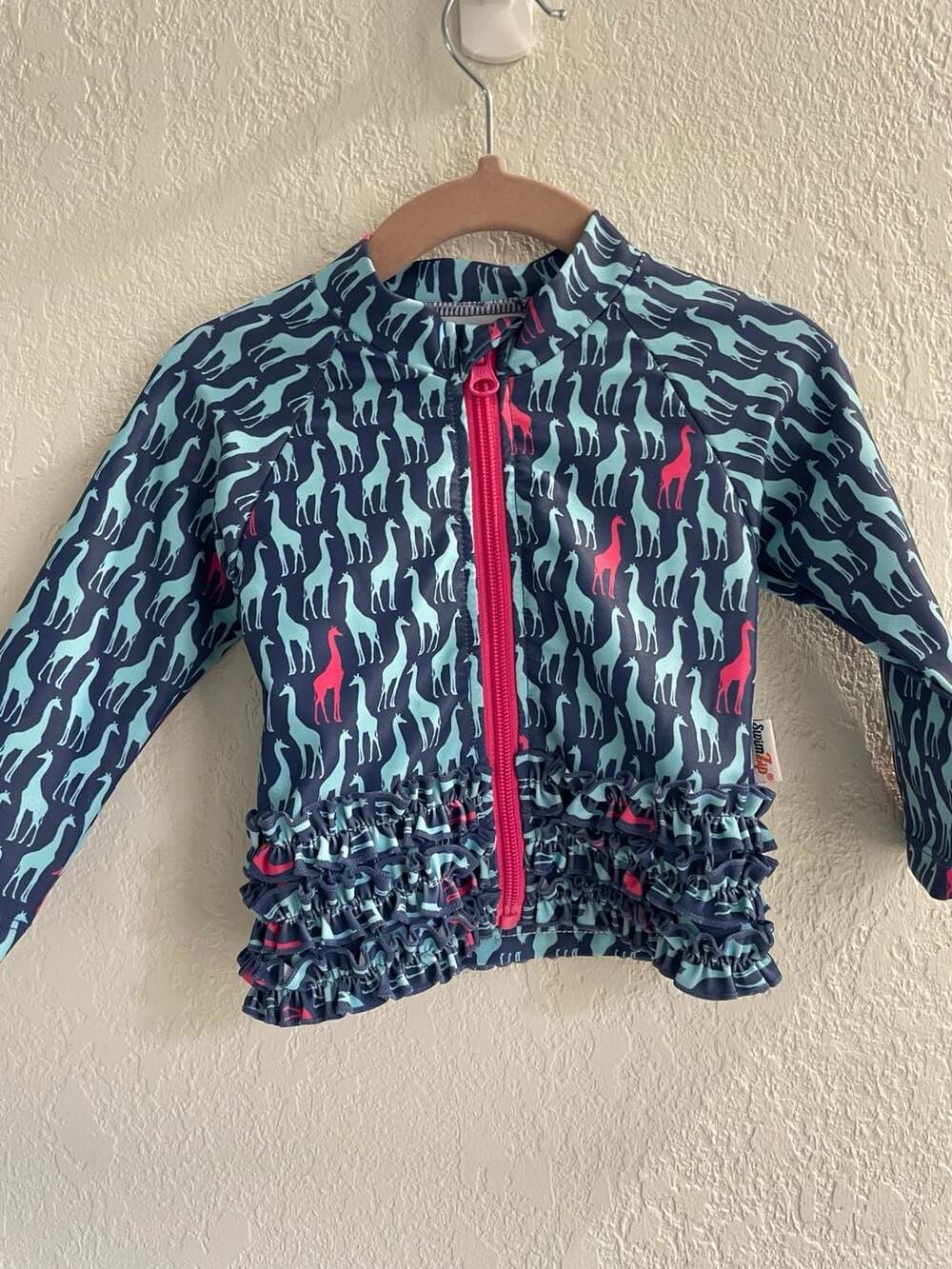 SwimZip Girls Long Sleeve Ruffle Rash Guard Swimsuit in Giraffe Print